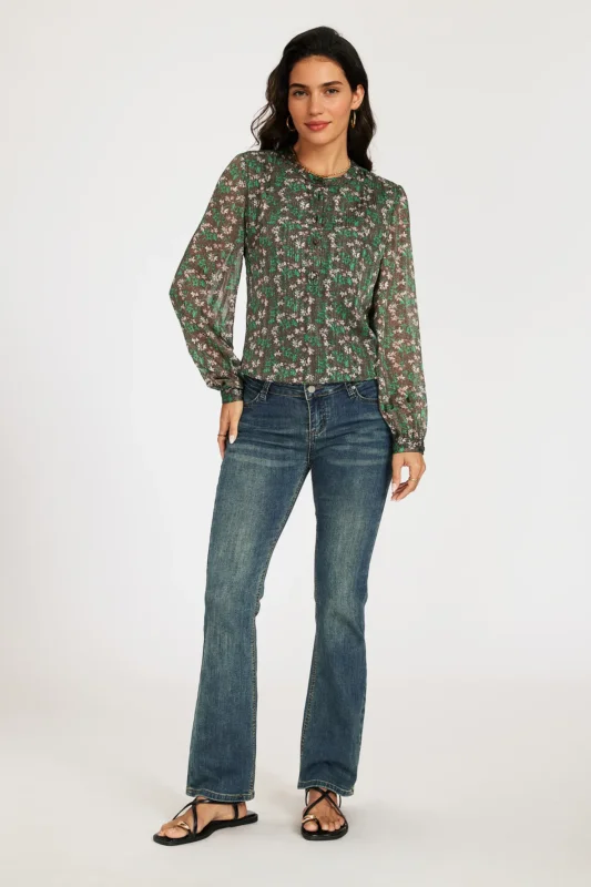 Braune, halbtransparente Bluse mit Blumenmuster und Silberfäden sowie Stehkragen