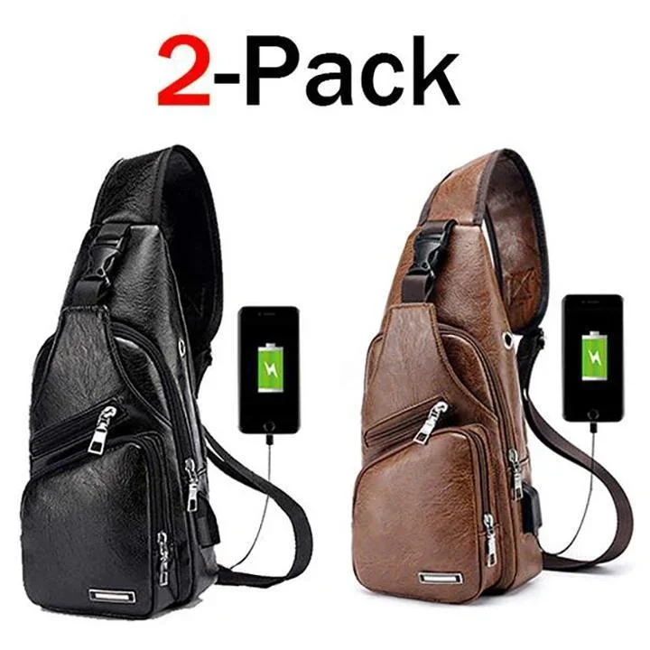 Brehn | Große Herren-Leder-Tasche Brust-Rucksack Wasserfester Crossbody-Bag mit USB
