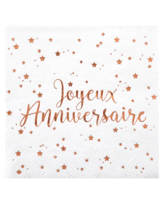 Serviettes en papier Joyeux Anniversaire pour fête rose gold à motifs étoiles roses