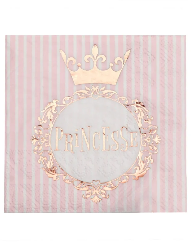 Serviettes Princesse rose gold à rayures roses et blanches avec motif de couronne