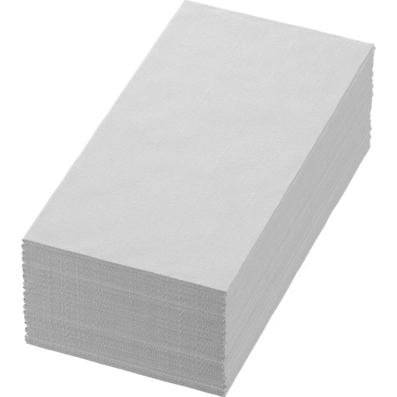 Ein Stapel weißer Servietten 40x40 cm, 2-lagig von Duni GmbH (Packung mit 300 Stück) liegt vor schlichtem weißem Hintergrund.