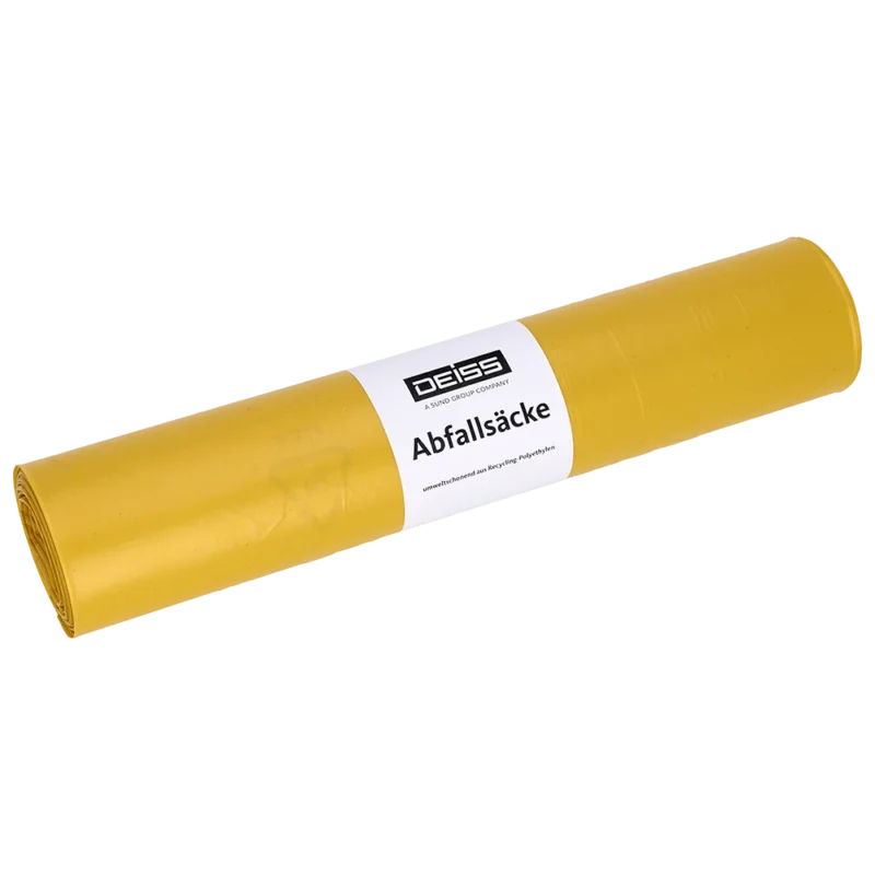 Abgebildet ist eine Rolle EMIL DEISS KG (GmbH + Co.) gelbe DEISS Abfallsäcke aus Recycling-LDPE 120 l (25 Stück) auf weißem Hintergrund mit weißem Etikett.