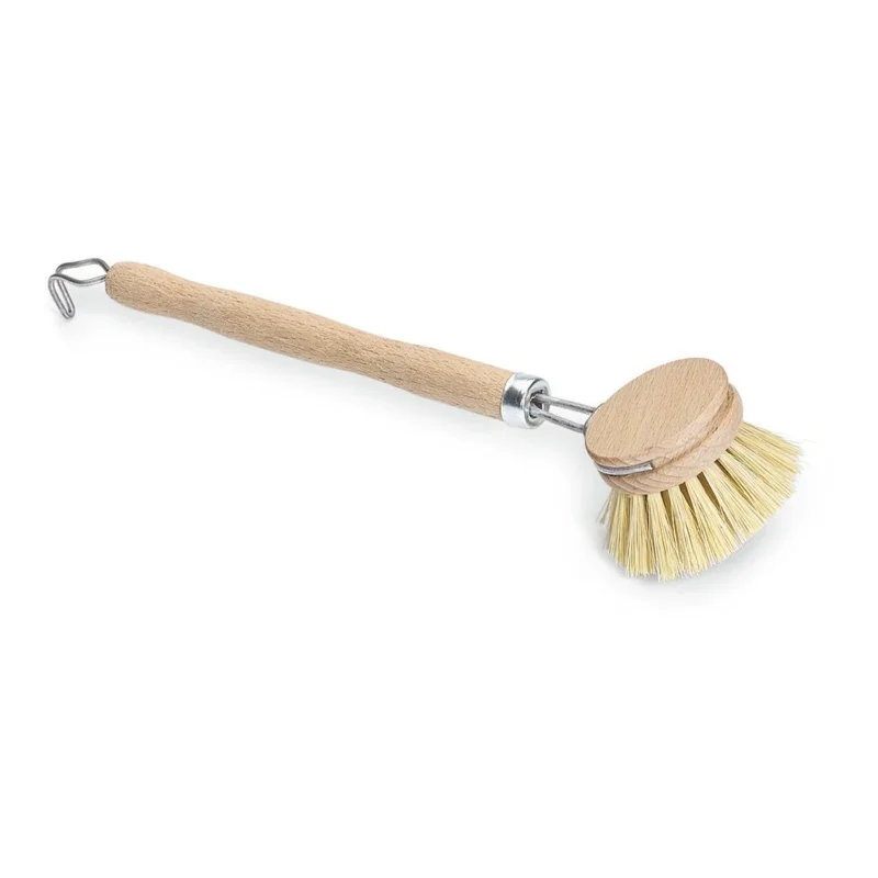 Die Nölle Profi Brush Spülbürste 25 cm mit einem Holzgriff, hitzebeständigen Fibre-Borsten, rundem Kopf und Metallhaken am Griffende von Nölle Profi Brush Bürsten- & Pinseltechnik e.K. ist auf weißem Hintergrund abgebildet.