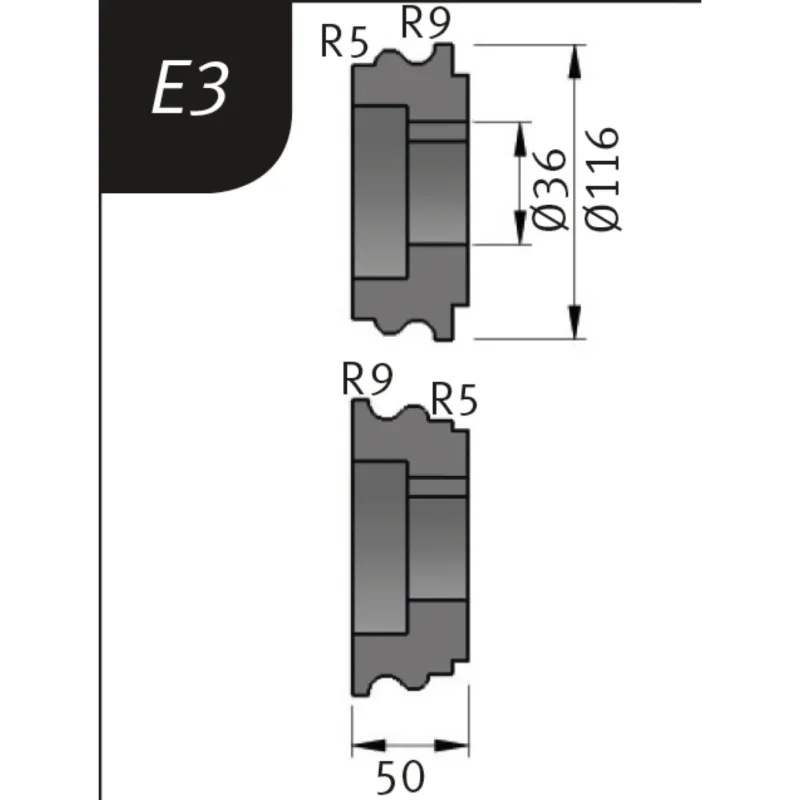 Produktbild von Biegerollensatz Typ E3, Ø 116 x 36 x 50 mm, R 5+9 / 9+5 mm