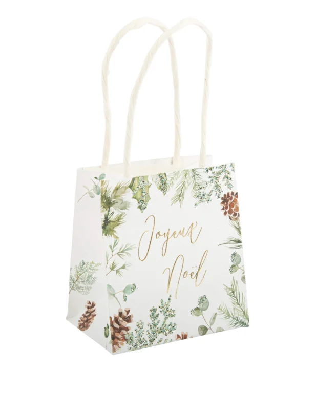 Sac Joyeux Noël forêt enchantée blanc avec anses et motifs de pins pailletés