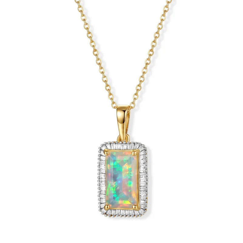 D'Joy AAA Natürlicher, äthiopischer Welo Opal, Weißer Diamant Anhänger mit Kette, ca. 50 cm 925 Silber 750 Gelbgold vermeil ca. 2.08 ct