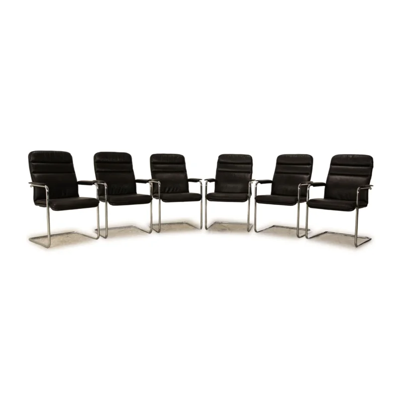 6er Garnitur Thonet Leder Stuhl Schwarz Vintage