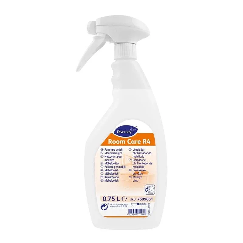 Eine weiße 750 ml Sprühflasche mit der Aufschrift "Diversey Deutschland GmbH & Co. OHG Room Care R4, Möbelpolitur" mit einer weißen Sprühdüse für Holz- und Kunststoffmöbel, die eine glänzende Oberfläche auf Ihren Möbeln hinterlässt.