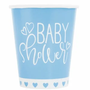 Gobelets en carton Baby Shower bleus et blancs avec petits coeurs