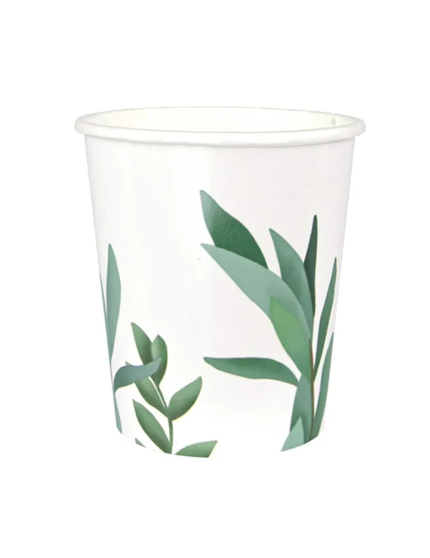 Gobelet en carton feuilles d'eucalyptus pour mariage blanc et vert
