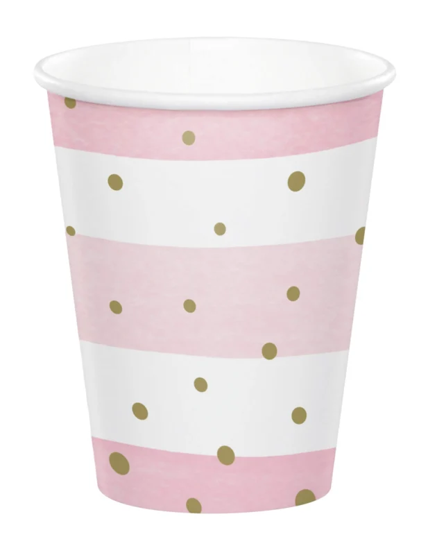 Gobelets en carton baby shower pour fête roses et blancs à pois dorés