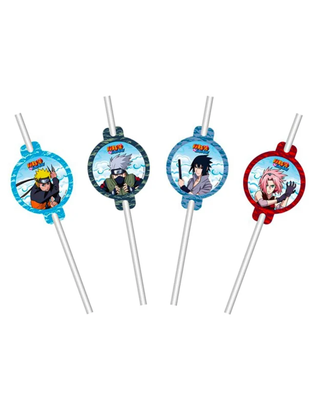 8 Papierstrohhalme Naruto Shippuden™ 19,6 cm mit 4,8 x 6,3 cm Medaillons