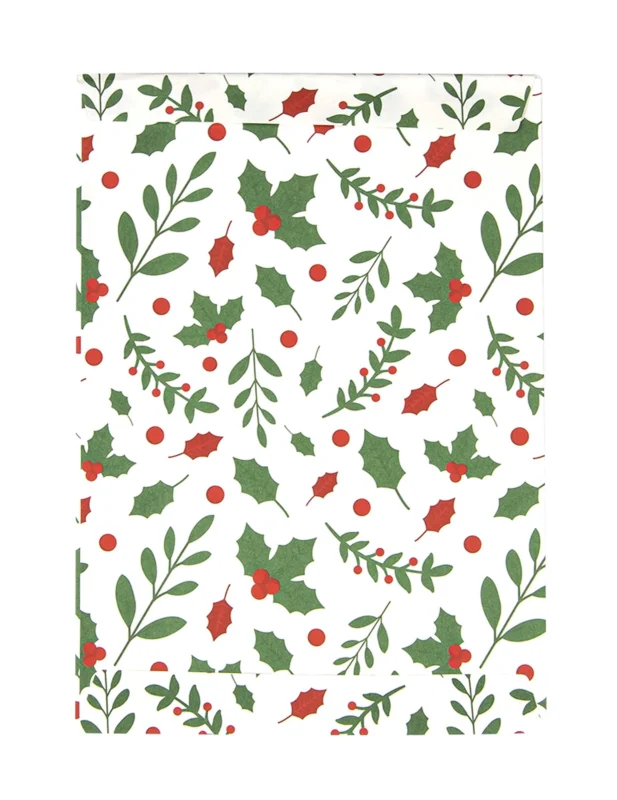 Pochettes cadeaux houx de Noël en papier blanc à motifs rouges et verts