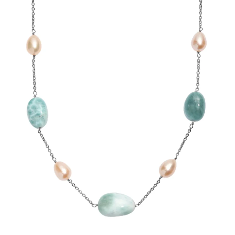 Larimar und Süßwasserperle Halskette, 50cm, 925 Silber rhodiniert