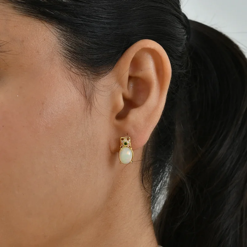 GP - AA Natürlicher, äthiopischer Welo Opal, Natürlicher Chromdiopsid Ohrringe 925 Silber 750 Gelbgold vermeil ca. 2,34 ct.