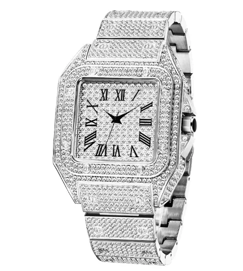Brehn | MISSFOX Ice Out Square Herrenuhr | 18K Gold Nano-Vakuum-Beschichtung | Schweizer Quarz-Uhrwerk | Vollbesetzt mit Lab-Diamanten | Edelstahl-Gehäuse | Wasserdicht 3 ATM
