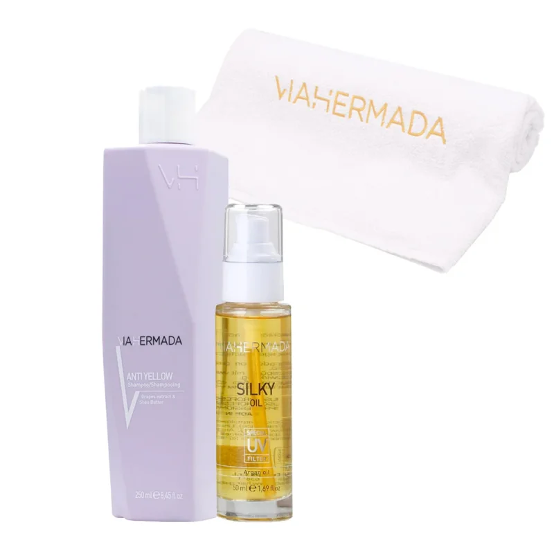 VIAHERMADA Anti-Yellow Shampoo 250ml Silky Oil 50ml + Asciugamano Mare Bianco OMAGGIO [all]