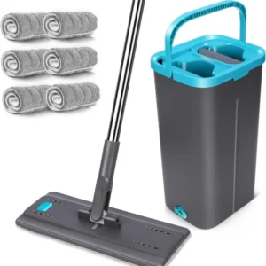 Wischmopp Set mit Eimer 2in1 Auswringfunktion 6 Mikrofaser Pads Blau