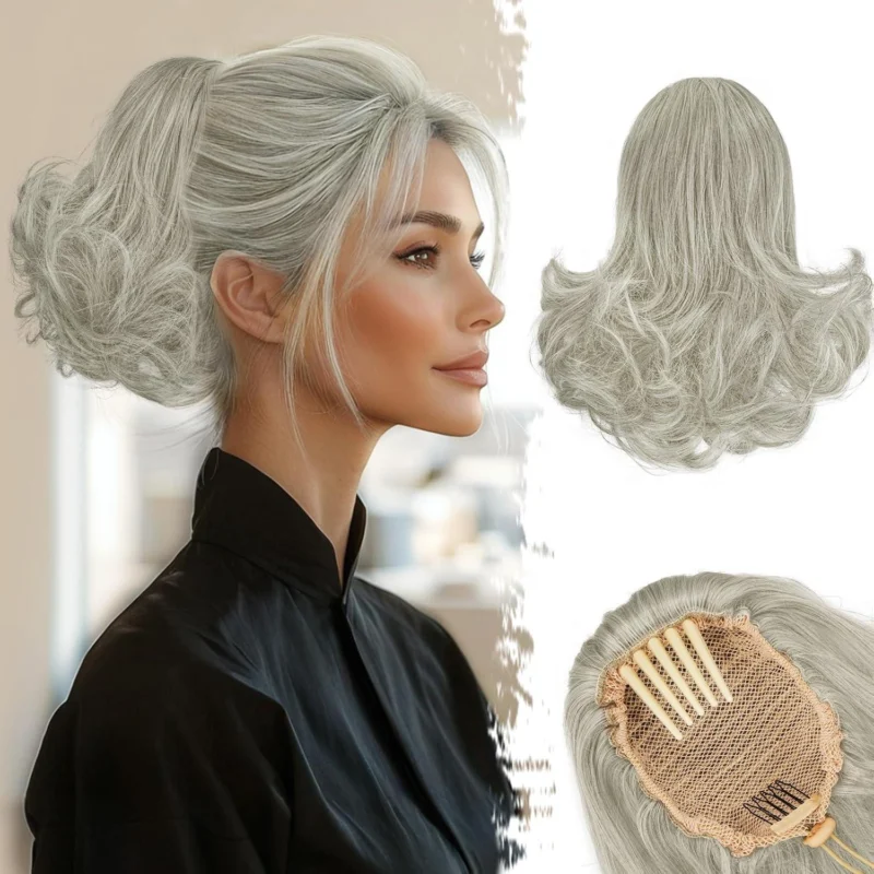 Lockige Graue Ponytail Extensions 25cm Comb Clip in Pferdeschwanz