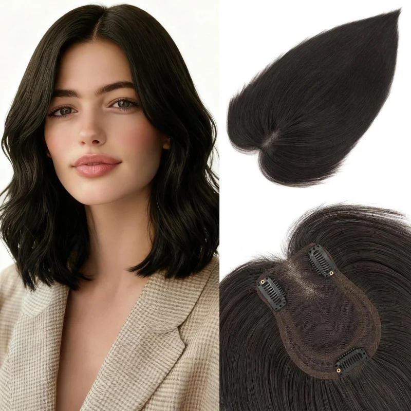 Echthaar Topper Mittelscheitel Schwarz – Clip In Haarteil