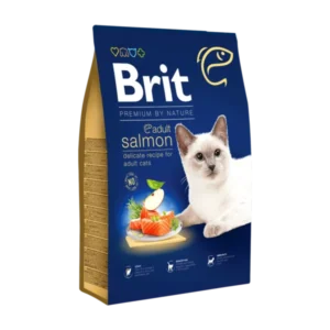 Brit Premium by Nature Adult Salmon cat food bag with delicate recipe, salmon illustration, and immunity icons