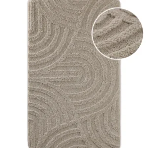 Badteppich von BathKing by WECONhome Fiete Sand Beige, Draufsicht mit Detailkreis der Florstruktur und eingeprägtem Linienmuster auf weißem Hintergrund
