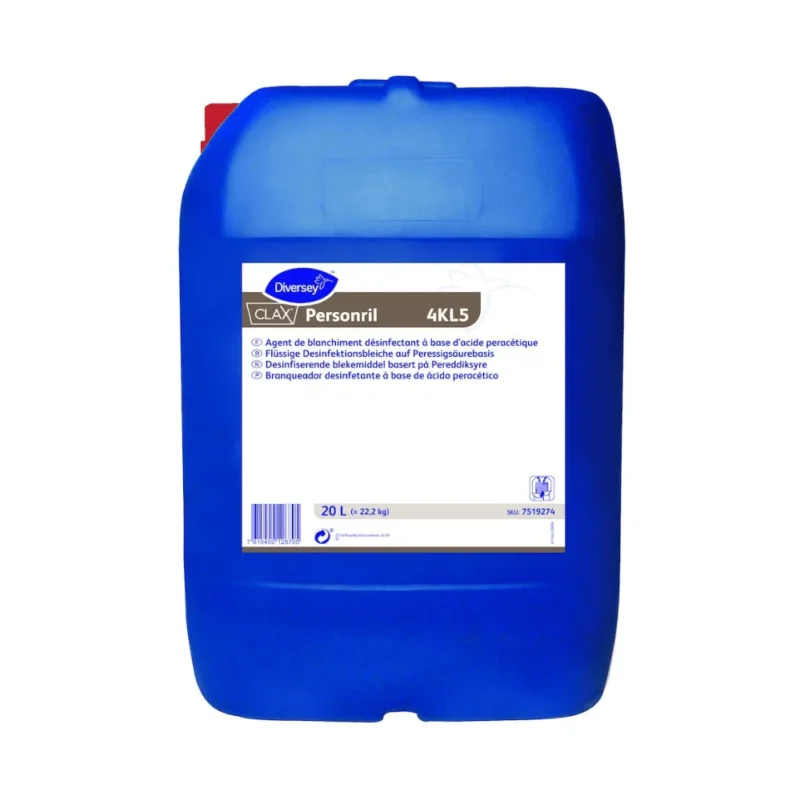 Ein 20-Liter-Behälter mit „Clax Personril 4KL5“ von Diversey Deutschland GmbH & Co. OHG in Blau, mit einem Etikett, das es als Bleich- und Desinfektionsmittel auf Peressigsäurebasis beschreibt, ideal für die Verwendung in der Wäscherei. Produktcode: 7516221.