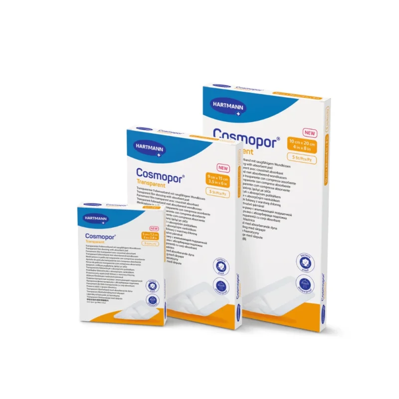 Drei Kartons des Cosmopor Transparent Steriler Transparentverbands der Paul Hartmann AG in verschiedenen Größen werden mit blauem und orangefarbenem Branding präsentiert. Jeder Karton zeichnet sich durch Eigenschaften wie Atmungsaktivität und den Komfort eines wasserdichten Verbands für hervorragenden Schutz vor Wasser aus.