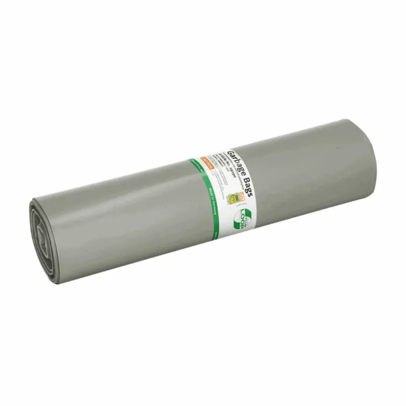Die DEISS LOOP PLUS Abfallsäcke 29290, eine 120 Liter fassende graue Kunststoffplane der Marke EMIL DEISS KG (GmbH + Co.), sind mit Texten und Symbolen in auffälligen grünen und schwarzen Markierungen versehen. Die zylindrische Plane besteht aus recyceltem Material und entspricht den Prinzipien der Kreislaufwirtschaft, sodass sie vielseitig einsetzbar ist.