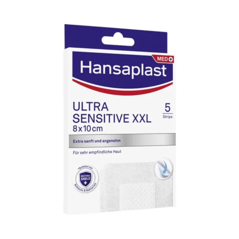 Ein Bild einer Beiersdorf AG Hansaplast Sensitive XXL, besonders hautfreundlich 8 x 10 cm | Packung (5 Stück)-Box. Die Streifen sind für sehr empfindliche Haut konzipiert. Die überwiegend weiß-blaue Box enthält Text in Deutsch und Englisch.
