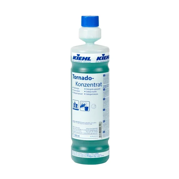 Eine 1-L-Flasche Kiehl Tornado-Konzentrat Kraftreiniger der Johannes Kiehl KG mit blauem Verschluss und grüner Flüssigkeit. Auf dem Etikett befinden sich Produktinformationen, Piktogramme und Hinweise in deutscher Sprache. Erhältlich in Kartons mit 6 Flaschen.