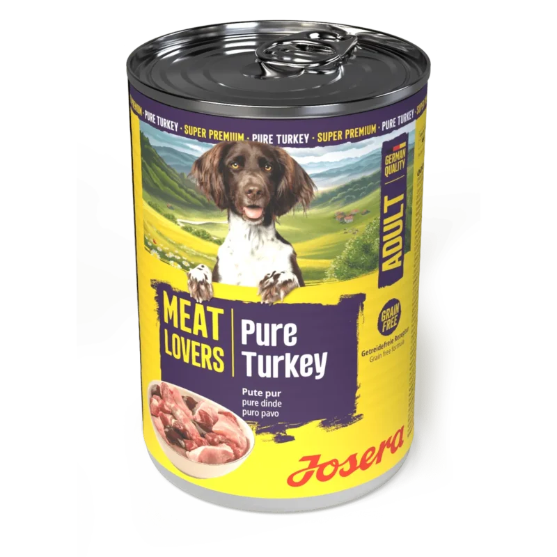 Josera Meat Lovers Pure Turkey Hundenassfutter, Dose in Seitenansicht mit Aufreißdeckel