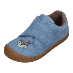 KOEL Barefoot Kinder Hausschuhe mit Klettverschluß DAN FELT PRINT jeans