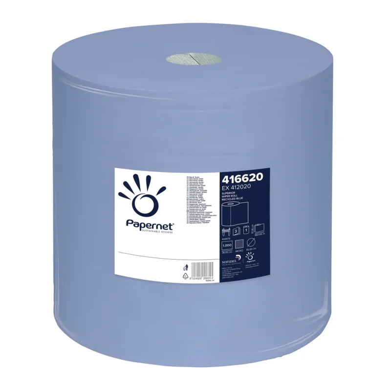 Auf dem Etikett ist eine große blaue Industrie-Papierhandtuchrolle mit dem Logo der Sofidel Germany GmbH und der Produktnummer 416620 gut sichtbar abgebildet. Das Etikett enthält Gebrauchsanweisungen für dieses Papernet Industriepapier / Blaurolle, eine 3-lagige Variante, und Recyclingsymbole.