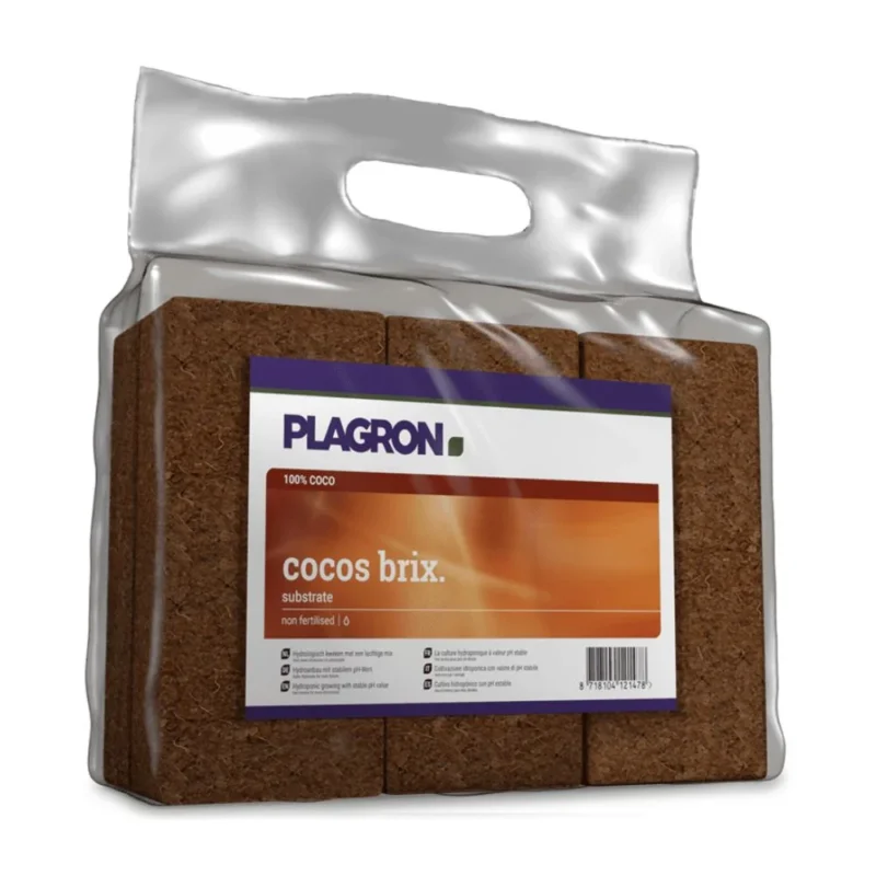 Das Plagron Cocos Brix-Paket von Bertels B.V. enthält sechs hochwertige Kokosnuss-Substratblöcke. Die durchsichtige Kunststoffverpackung mit Griff trägt die Aufschrift „100 % Kokos“, „ungedüngt“ und das RHP-Qualitätszeichen für Premium-Substrat.