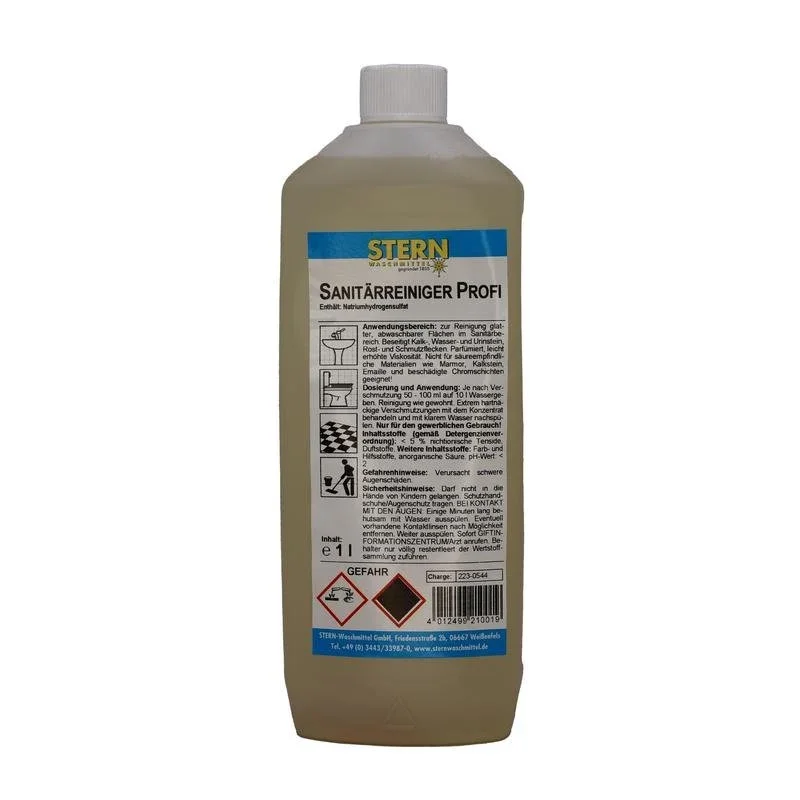 Die 1-Liter-Flasche STERN Sanitärreiniger Profi der Stern Waschmittel GmbH hat einen weißen Verschluss, ein deutsches Etikett mit Anwendungshinweisen für die Badreinigung, Sicherheitshinweisen und Gefahrensymbolen und enthält eine hellgelbe Flüssigkeit, die als Kalkentferner wirkt.