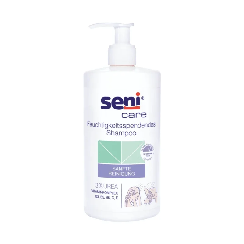 Eine 500-ml-Tube Seni Care Shampoo der TZMO Deutschland GmbH enthält 3 % Urea und einen Vitaminkomplex für trockene und empfindliche Kopfhaut, wobei der deutsche Text durch blaue, grüne und violette Akzente hervorgehoben wird.