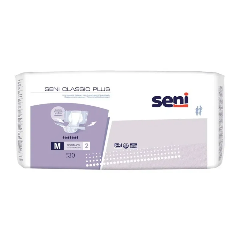Eine Packung Seni Classic Plus Inkontinenzhosen (Größe S-XL) der TZMO Deutschland GmbH enthält 30 Stück. Die weiß-hellviolette Verpackung zeigt Produktdetails und das Seni-Logo auf der Vorderseite.
