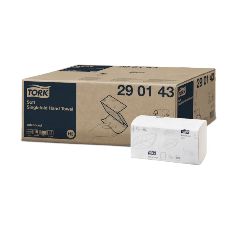 Eine Schachtel Tork 290143 weiche Zickzack-Handtücher Advanced H3 2-lagig wird neben einer offenen Packung mit Blattdesign ausgestellt. Die Schachtel mit der Modellnummer 29 01 43 weist ein blau-beiges Farbschema auf, das ideal zum Advanced H3 Tork Spender-Setup passt.