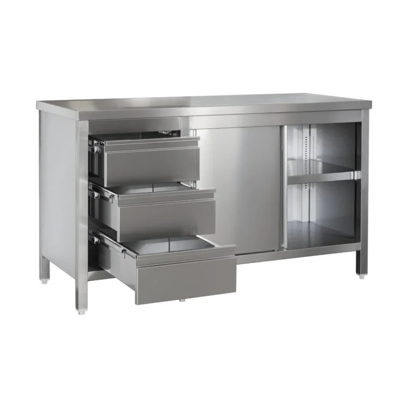 Edelstahl Arbeitsschrank mit Schubladenblock links. Türen und höhenverstellbaren Zwischenboden | Bautiefe 800mm | AISI 304 von A & S Gastro – Edelstahlmöbel für die Gastronomie