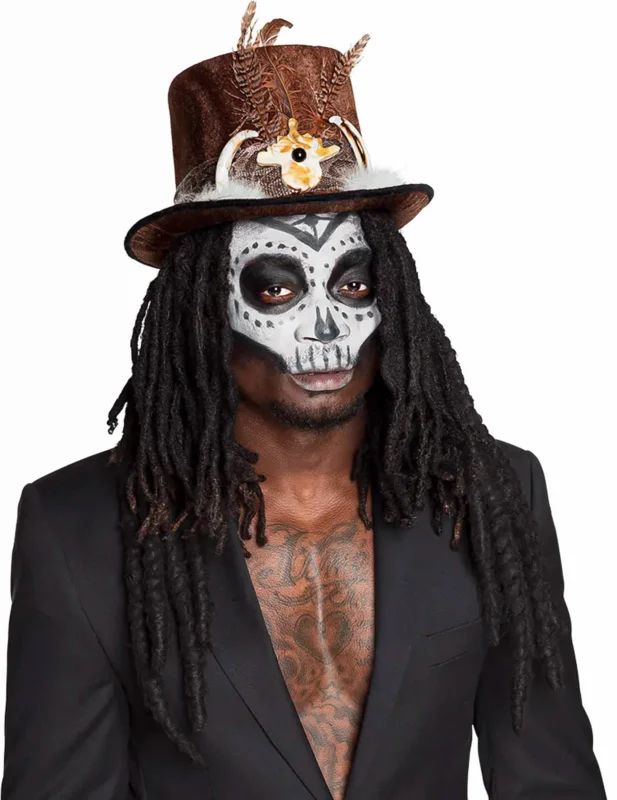 Chapeau vaudou avec cheveux pour adulte marron avec plumes et dreadlocks noires