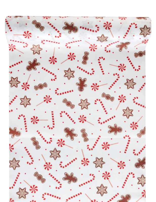 Chemin de table gourmandises de Noël blanc festif avec motifs sucres d'orge et bonhommes de pain d'épice