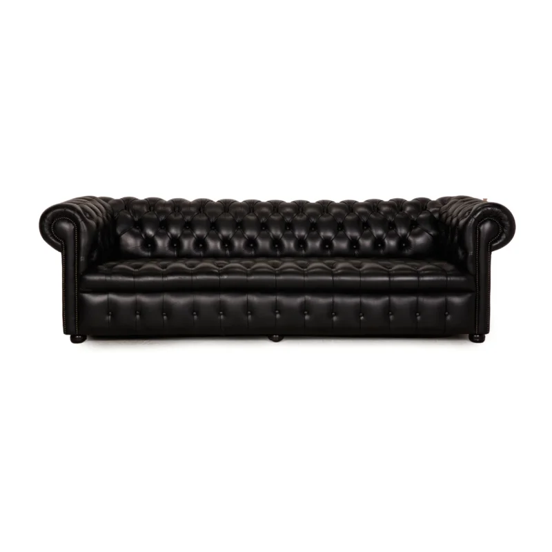 Chesterfield Leder Sofa Schwarz Viersitzer