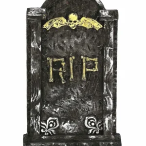 Décoration pierre tombale Halloween grise et dorée avec crâne ailé et inscription RIP