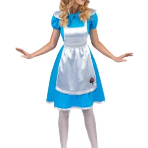 Déguisement Alice pour femme bleu et blanc avec tablier satiné