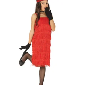 Déguisement charleston pour fille rouge à franges avec bandeau à plume