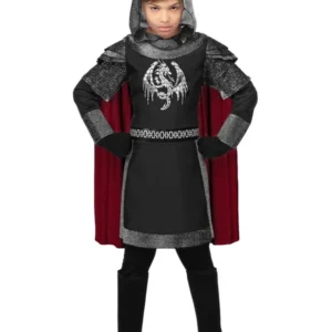 Déguisement de chevalier des dragons pour enfant noir et argent avec cape rouge