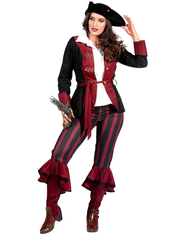 Luxuriöses schwarzes und bordeauxrotes Piratenkostüm für Damen