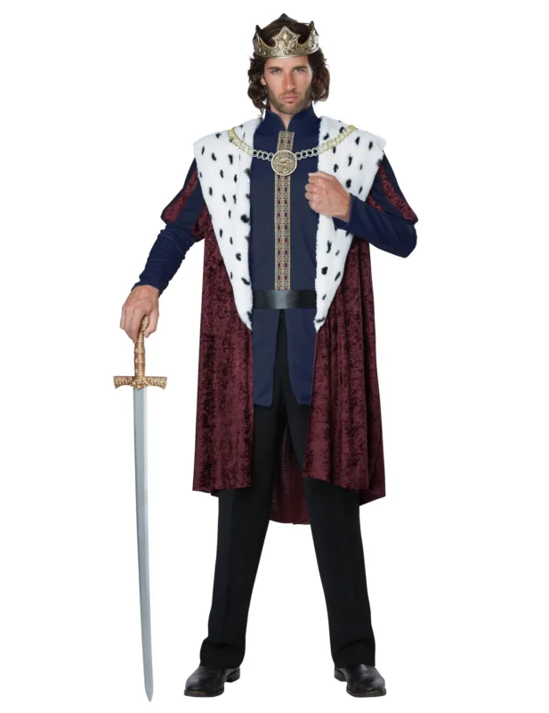 Déguisement roi de conte de fée luxe pour homme bordeaux et bleu avec cape en fausse fourrure