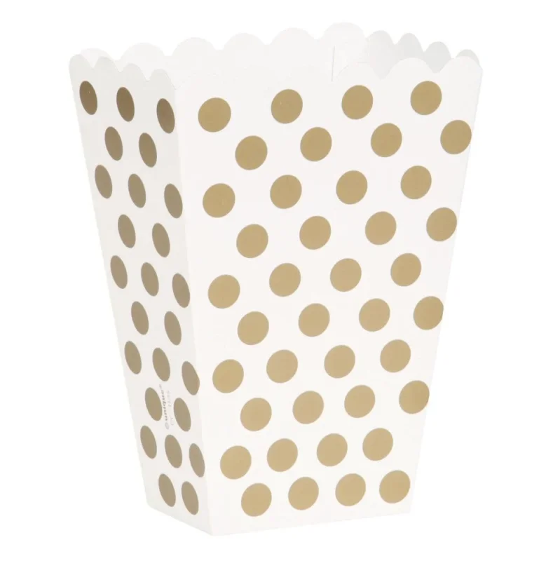 Gouden Popcorn Bakjes Witte Stippen 13,7cm 8st van Unique koop je bij Partywinkel
